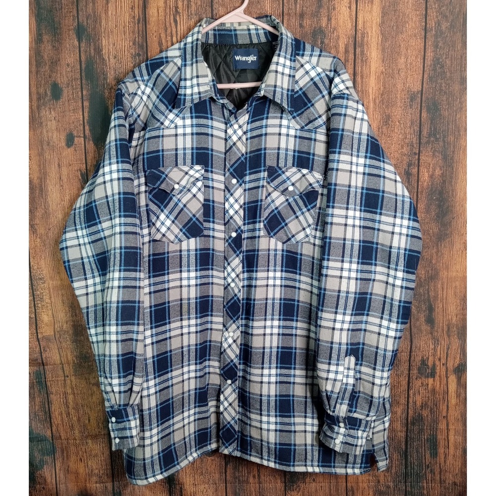 Wrangler Mens Blue Plaid Quilted Lined Flannel Shirt Jacket XLT Western Snap